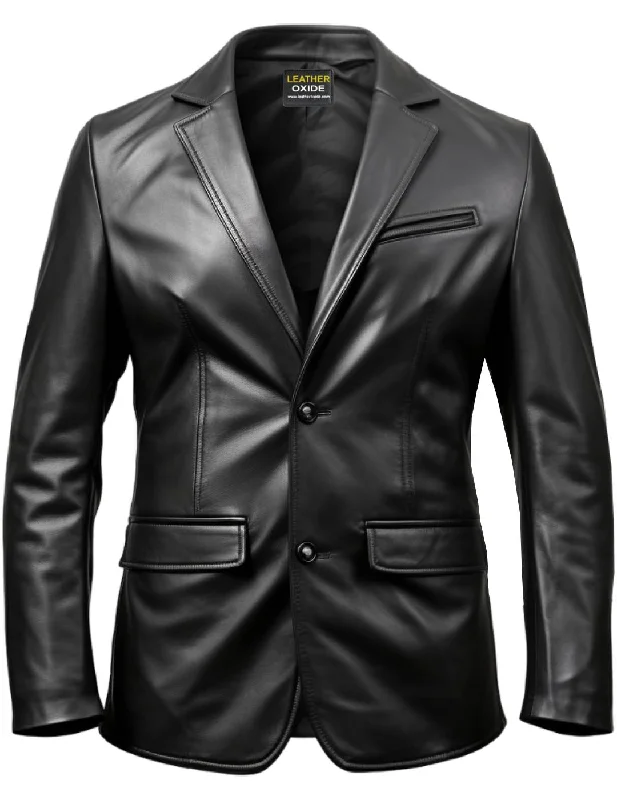 Track Pants Two Button Men Black Leather Blazer - Leather Blazer for Men