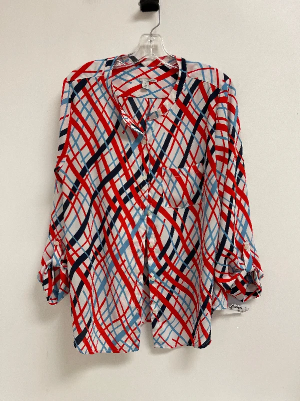 Urban Style Top Long Sleeve By Halogen In Blue Red & White, Size: L