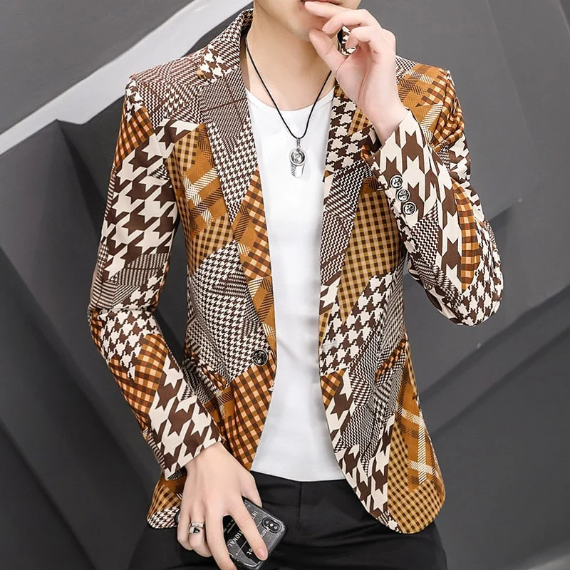 Preppy Style Men's Notched Collar Long Sleeve Printed Single Breasted Blazers