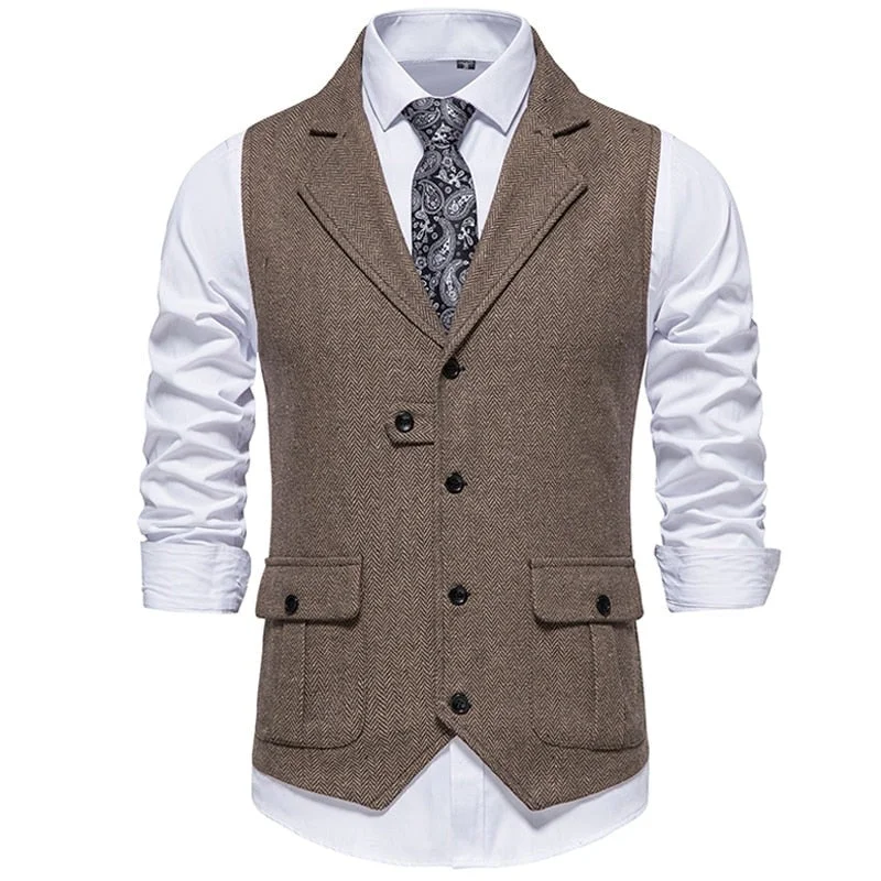 Button-down Shirts Men's Polyester Herringbone Tweed Gentleman Formal Suit Vest