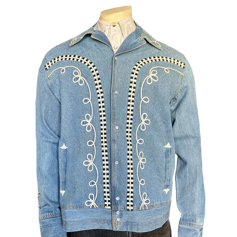 High-end Sneakers Men's Vintage Western Denim Bolero Jacket with White Rope Embroidery