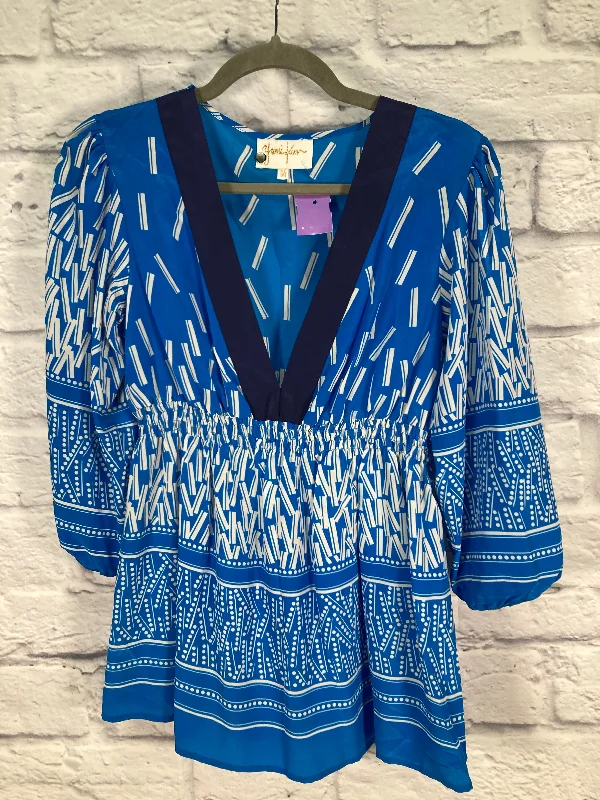 Winter Boots Blue & White Top Long Sleeve Designer Yumi Kim, Size M