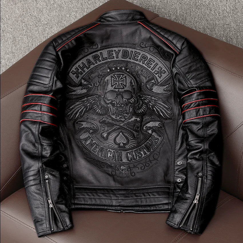 Sporty Blazers Men's Skull Embroidery Genuine Cowhide Black Jacket