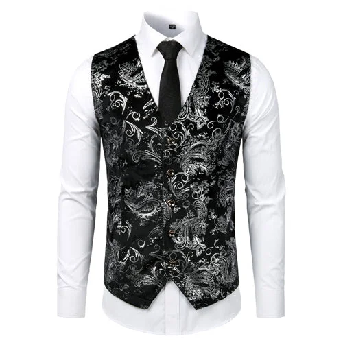 Printed Trousers Men's V-Neck Sleeveless Floral Single Breasted Formal Vests