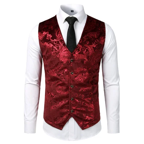 Turtleneck Sweaters Men's V-Neck Sleeveless Floral Single Breasted Formal Vests