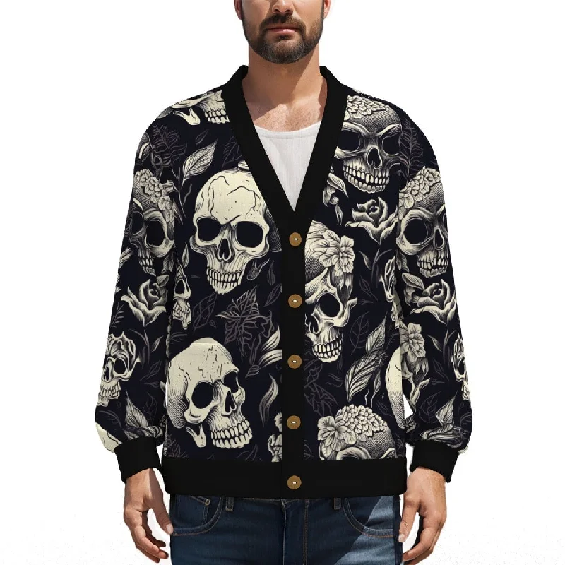 Activewear Gear Men's Skulls V-neck Knitted Fleece Cardigan With Button Closure