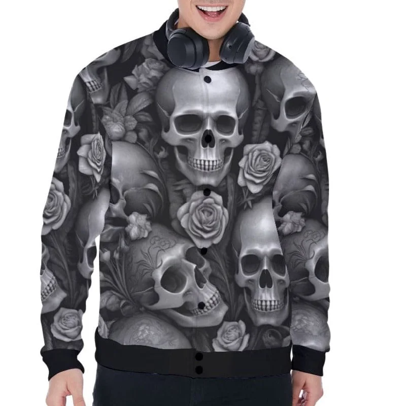 Summer Jackets Men's Gray Skulls Floral Baseball Jacket