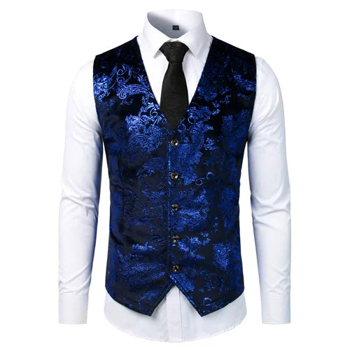 Slim Trousers Men's V-Neck Sleeveless Floral Single Breasted Formal Vests