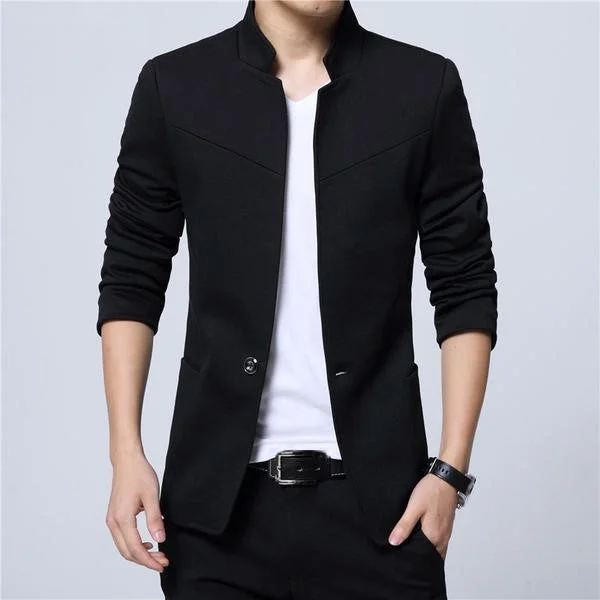 High-neck Sweaters Men's Stand Collar Long Sleeve Plain Single Button Pocket Blazers