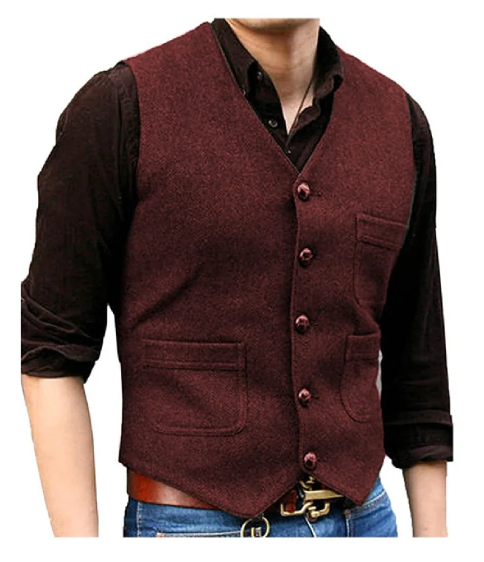 Summer Jackets Men's Wool V-Neck Sleeveless Plain Single Breasted Formal Vests