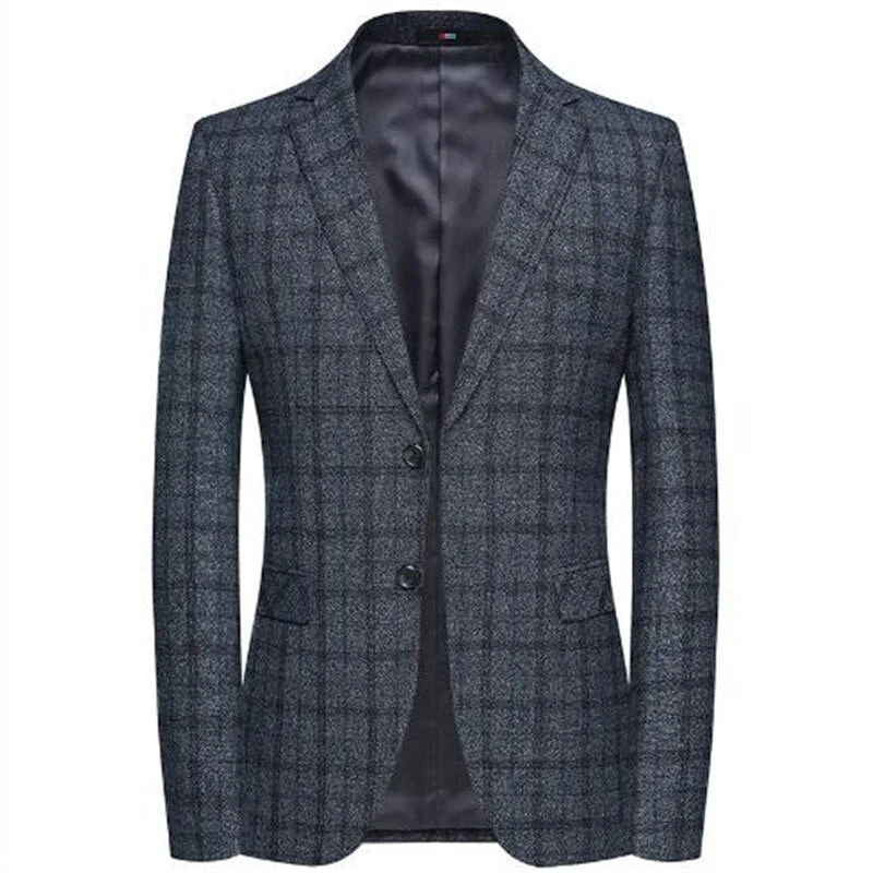 Dress Shoes Men's Notched Collar Long Sleeve Plaid Single Breasted Blazers