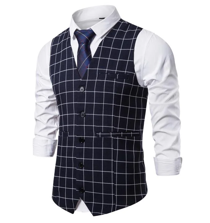 Leather Sneakers Men's V-Neck Polyester Slim Fit Gentleman Vintage Plaid Suit Vest