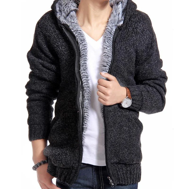 Knit Sweaters Jacket Men Thick Velvet Cotton Hooded Fur Jacket Mens Winter Padded Knitted Casual Sweater Cardigan Coat Spring Outdoors Parka