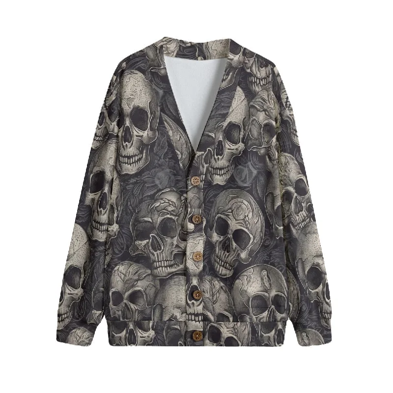 Turtleneck Sweaters Skulls Print V-neck Knitted Fleece Cardigan With Button Closure