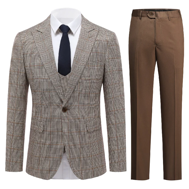 Designer Belts 3-Piece Suit Plaid Design Suit Coffee