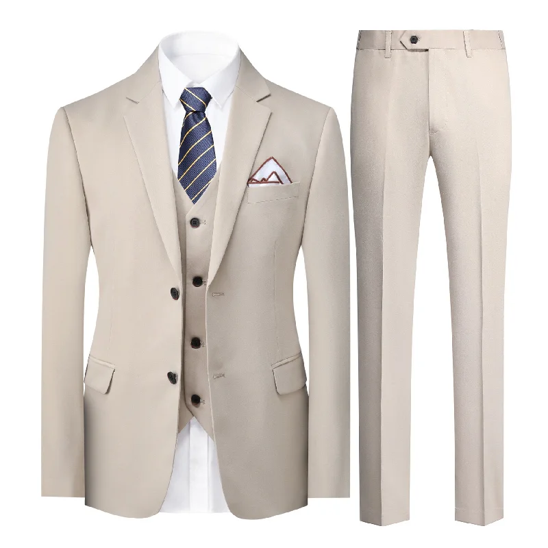 Designer Shirts 3-Piece Men's Solid Color Two-Button Notch Lapel Suit Beige