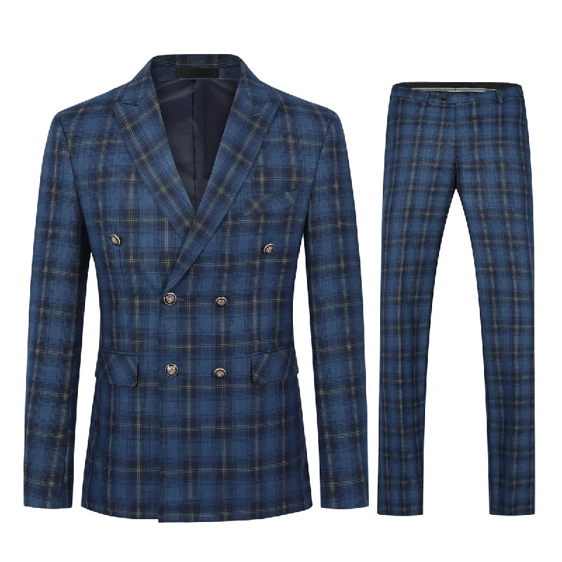 Jogger Pants Men's 2-Piece Three-Button Plaid Striped Suit Blue