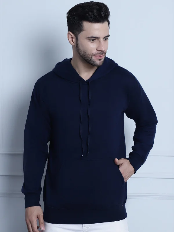 Tailored Blazers Vimal Jonney Navy Blue Solid Hooded Cotton Fleece Sweatshirt for Men