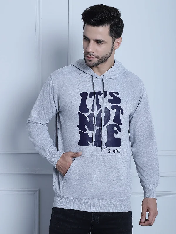 Printed Trousers Vimal Jonney Grey Melange Printed Hooded Cotton Fleece Sweatshirt for Men