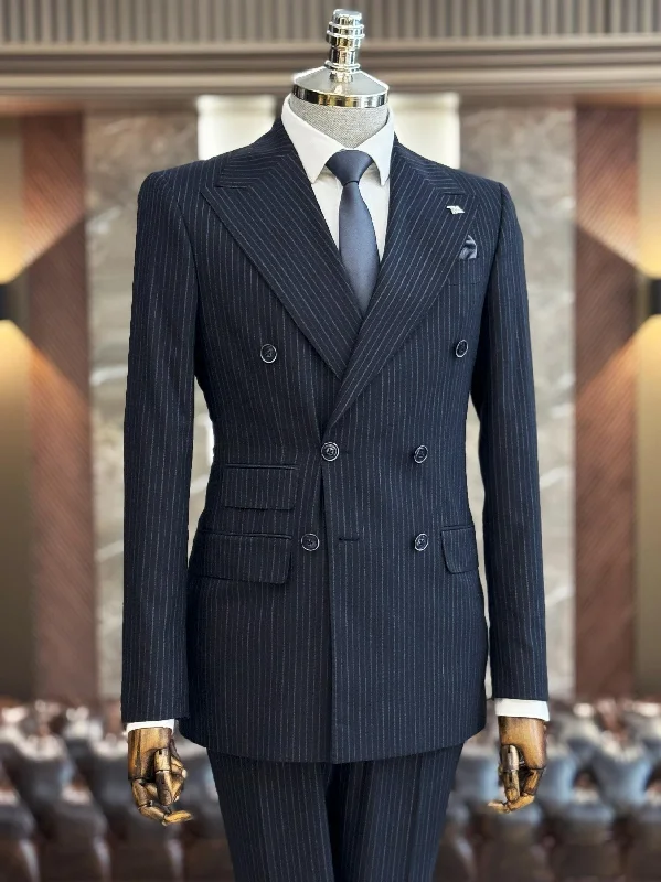 Slim Trousers Navy Striped Double Breasted Suit 2-Piece