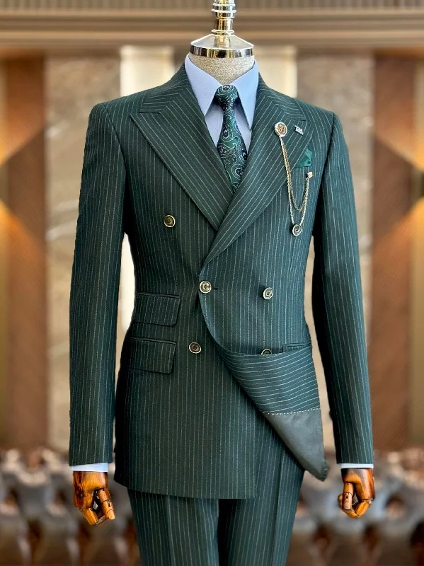 Designer Scarves Green Striped Double Breasted Suit 2-Piece