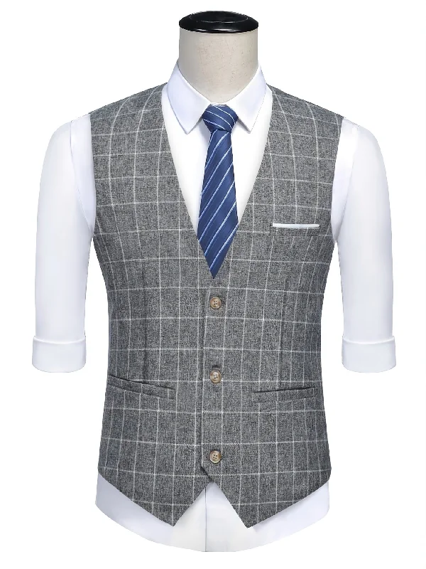 Business Attire Men's Casual V-neck Plaid Slim Fit Single Breasted Suit Vest