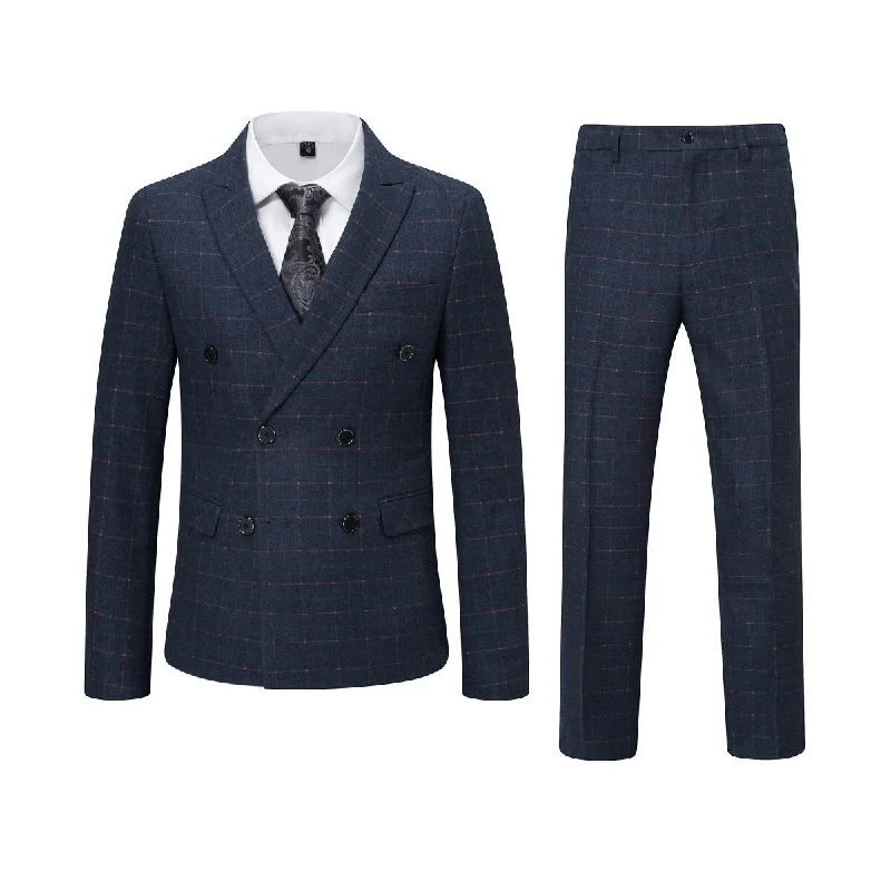 Track Pants 3-Piece Slim Fit Double Breasted Suit Plaid Navy Suit