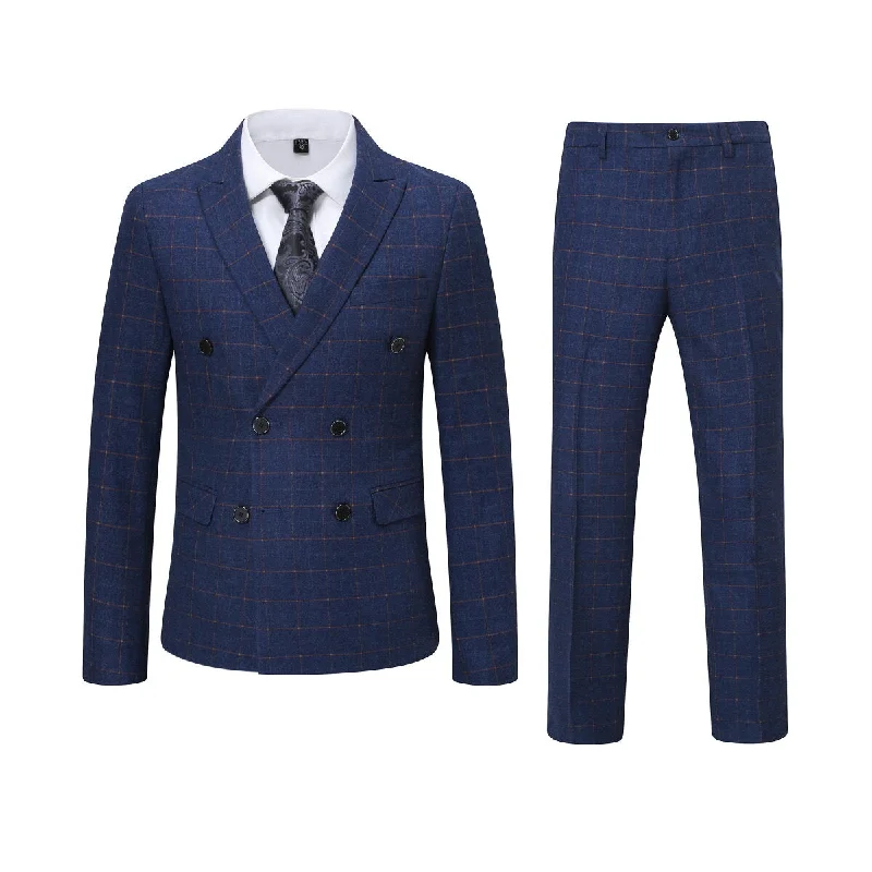 High-fashion Looks 3-Piece Slim Fit Double Breasted Suit Plaid Blue Suit