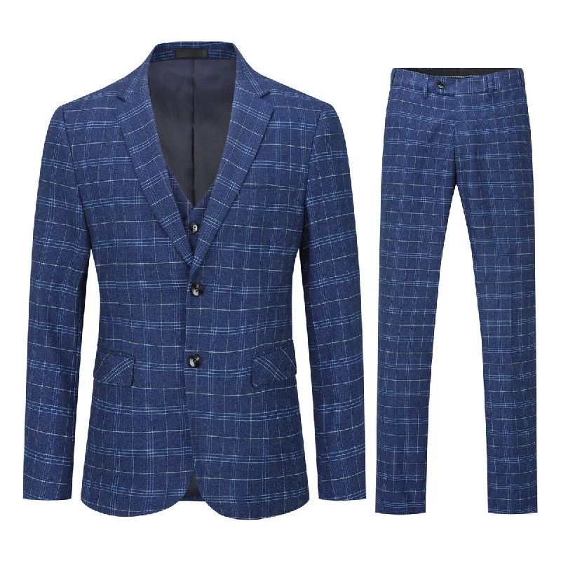 Urban Style Mens 3-Piece Slim Fit Vintage Plaid Navy Suit