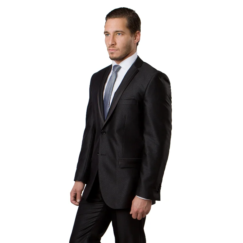 Casual Shirts Black / Black Solid Tone on Tone  Satin 2-PC Slim Fit Stretch Suits