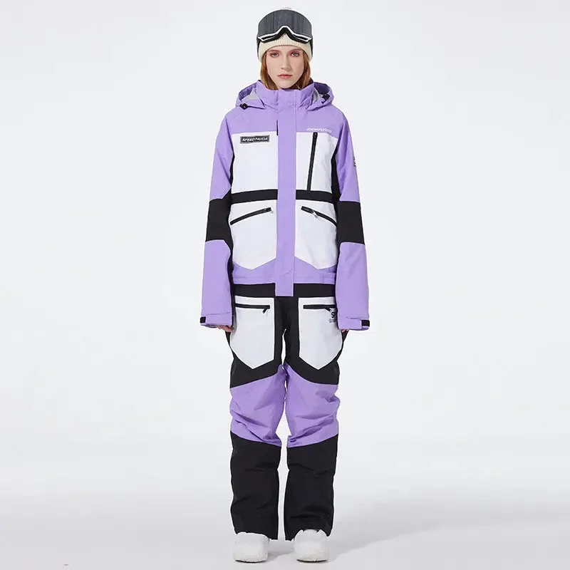 Denim Wear One-piece Ski Suit for Men & Women Patchwork Snowwear