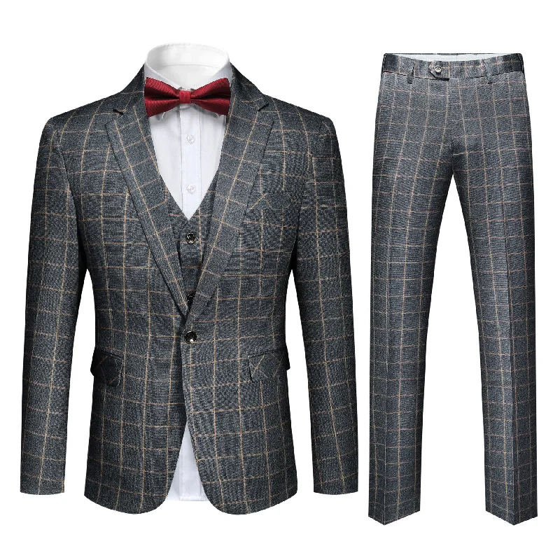 Slim-fit Jeans Men's 3-Piece Plaid Casual Suit Grey