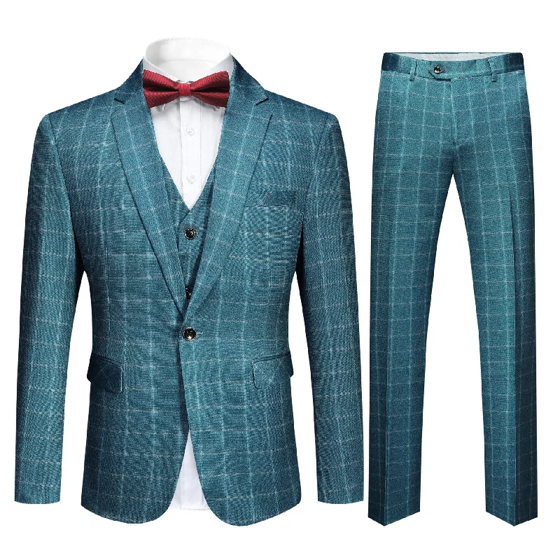 Statement Jackets Men's 3-Piece Plaid Casual Suit Blue