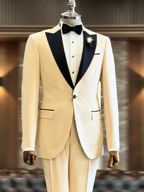 Streetwear Fashion Beige Slim-Fit Tuxedo 2-Piece