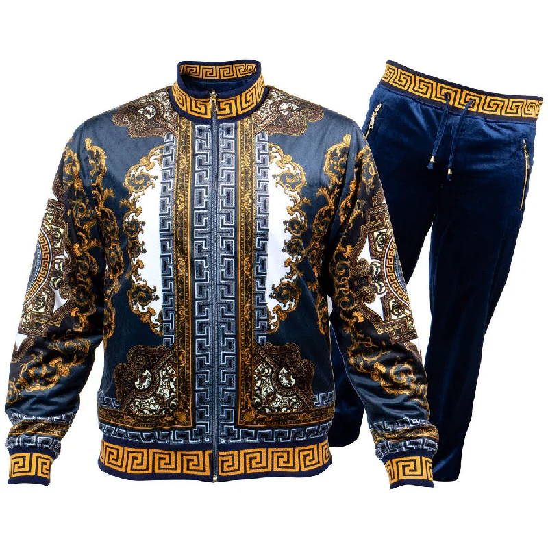 Statement Jackets Prestige Navy Blue Gold Reversible Velvet Luxury Jogger Suit