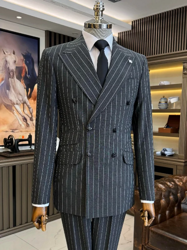 Denim Shirts Grey Striped Double Breasted Suit 2-Piece