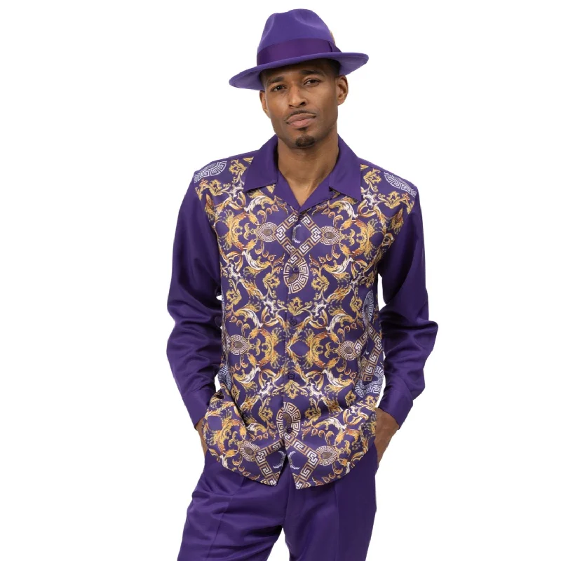 Designer Pants Radial Collection: Purple and Gold Patterned Long Sleeve Walking Suit- 2460