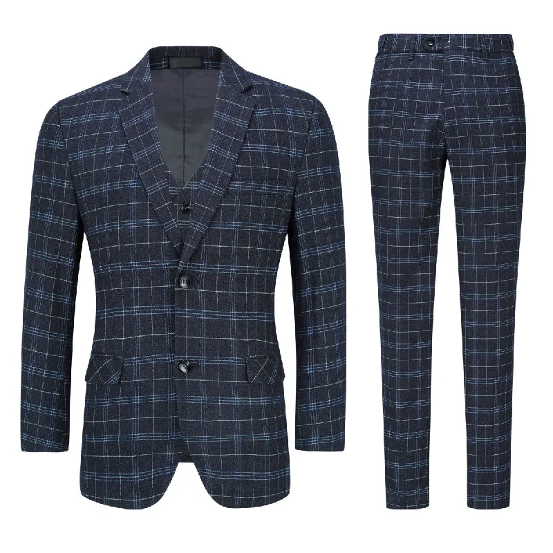 Graphic Tees Mens 3-Piece Slim Fit Vintage Plaid Black Suit