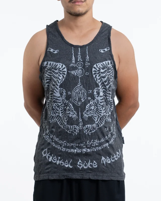 Minimalist Fashion Sure Design Men's Thai Tattoo Tank Top Silver on Black