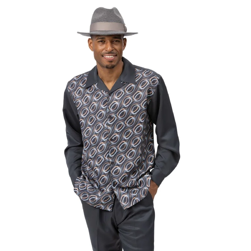 Designer Shirts Itokawa Collection: Montique Charcoal Geometric Circle Pattern Long Sleeve Walking Suit - 2457