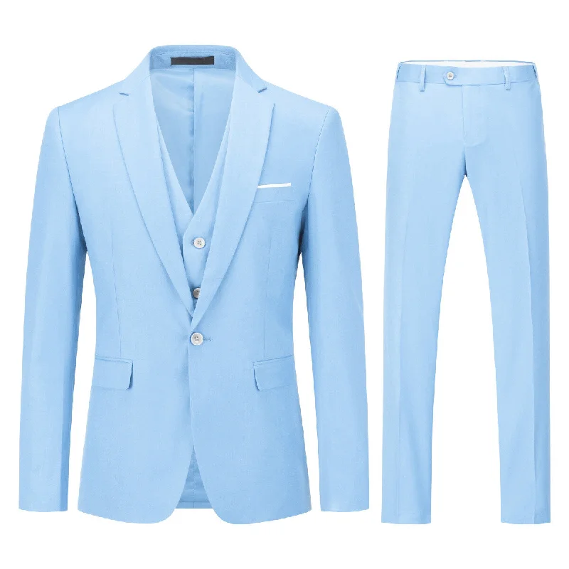 Vintage Fashion Light Blue 3-Piece Slim Fit Classic Suit