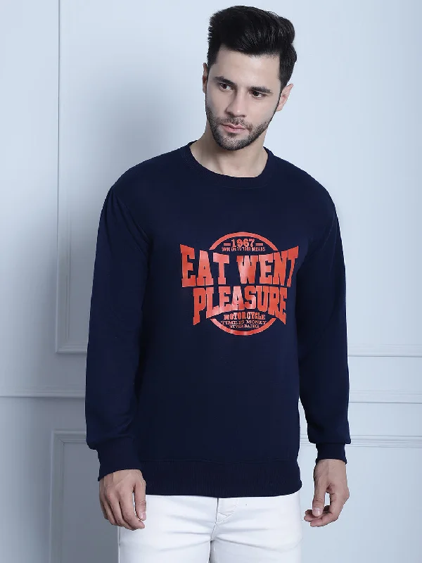 Urban Style Vimal Jonney Navy Blue Printed Round Neck Cotton Fleece Sweatshirt for Men