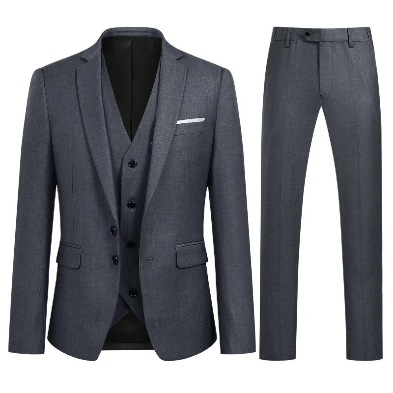 Monochrome Style 3-Piece Men's Business Solid Color Two-Button Suit Set Grey