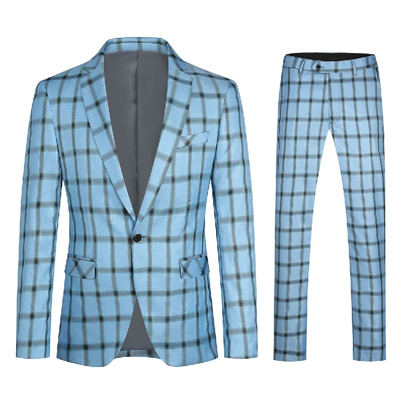 Layered Outfits Plaid Stripe Suit Slim Fit 2-Piece Suit Blue