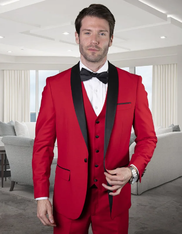 Street-inspired Mens Wool One Button Modern Fit Vested Shawl Prom Tuxedo in Red Red Tuxedos for Prom