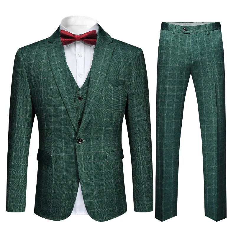 Street Boots Men's 3-Piece Plaid Casual Suit Green