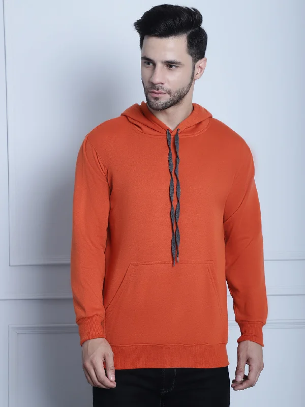 Formal Jackets Vimal Jonney Rust Solid Hooded Cotton Fleece Sweatshirt for Men