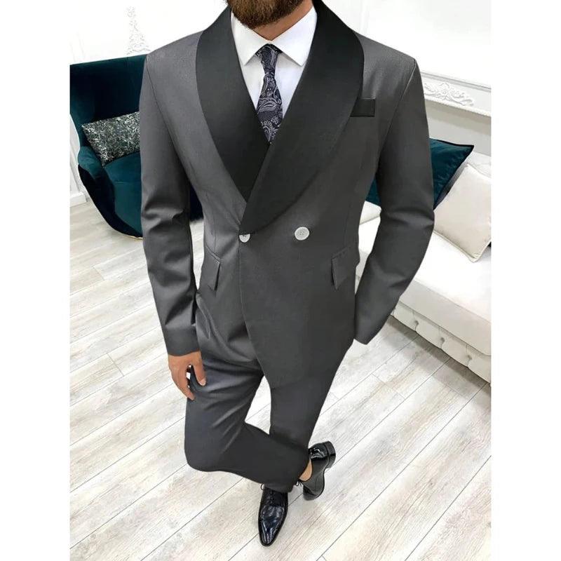 Turtleneck Sweaters Dark Grey Men's Suits Black Shawl Lapel Double