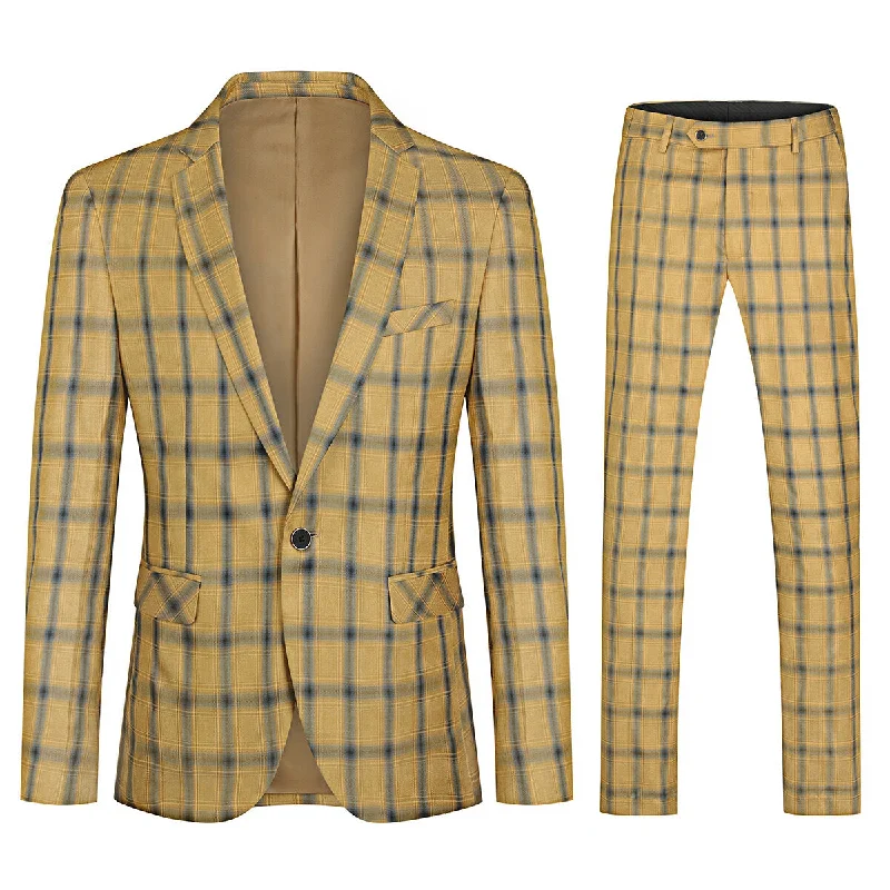 Minimalist Fashion Plaid Stripe Suit Slim Fit 2-Piece Suit Yellow