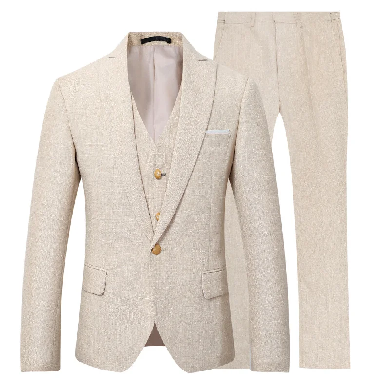 Stylish Hats Mens 3 Piece Linen Suit Set Blazer Jacket Tux Vest Suit Pants